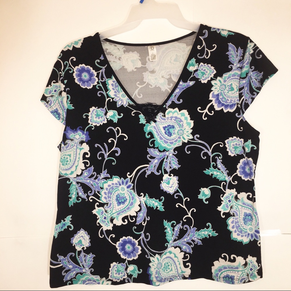 🌸ND Intimates Cap Sleeve Blue Floral Print Top XL